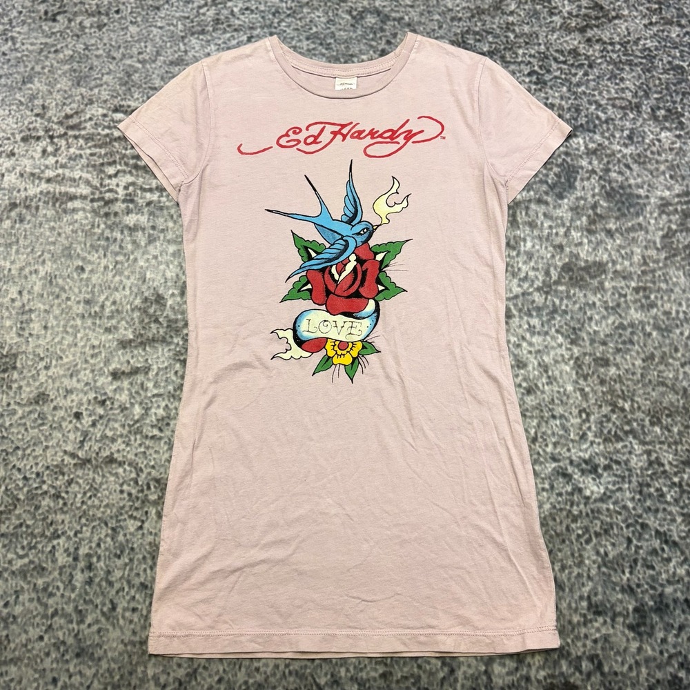 Ed Hardy T Shirt Womens Medium Pink Grunge Alt Goth Y2K Short Sleeve Top